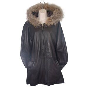 Vintage Marvin Richard Women's L Hooded Brown Leather Jacket Fur Trim Old Money